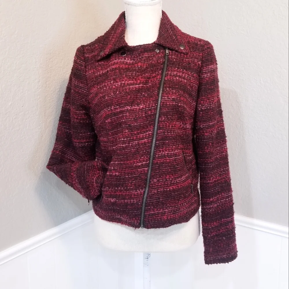 Dana Buchman Chili Pepper Red Moto Full Diagonal Tweed Jacket